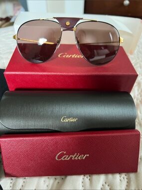 Cartier Gold Frame Sunglasses with Brown Lenses and Burgundy Leather Bridge